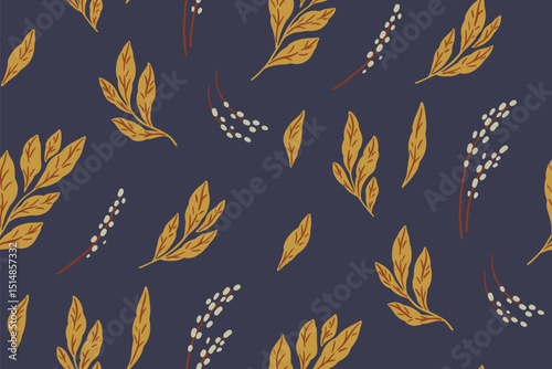 Seamless floral pattern, vintage nature print in autumn colors. Abstract botanical design of small hand drawn plants, yellow leaves, simple tassel flowers on blue field. Vector illustration.