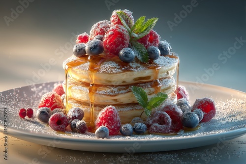 Golden Stacked Banana Pancakes with Blueberries, Raspberries & Maple Syrup on White Plate – 4K Photorealistic Breakfast Styling for Menus, Food Blogs, and Healthy Eating Campaigns