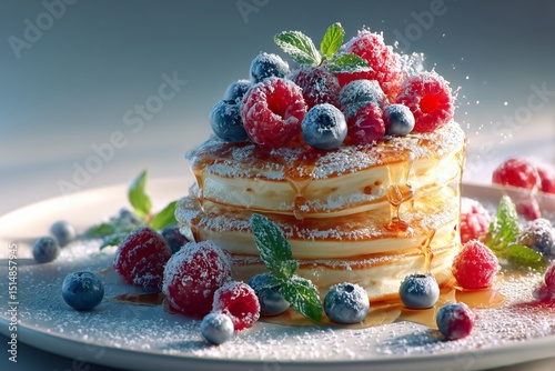 Golden Stacked Banana Pancakes with Blueberries, Raspberries & Maple Syrup on White Plate – 4K Photorealistic Breakfast Styling for Menus, Food Blogs, and Healthy Eating Campaigns