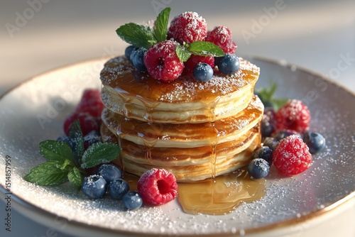 Golden Stacked Banana Pancakes with Blueberries, Raspberries & Maple Syrup on White Plate – 4K Photorealistic Breakfast Styling for Menus, Food Blogs, and Healthy Eating Campaigns