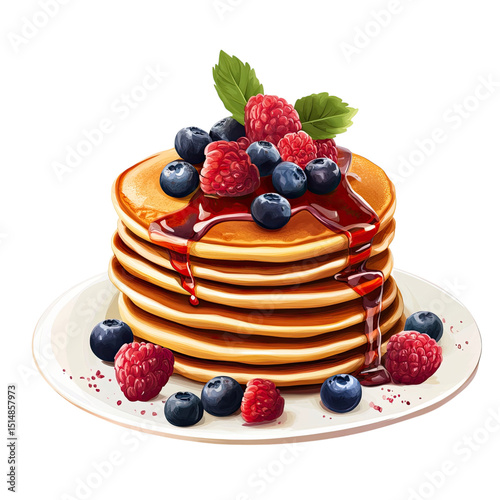 Stacked Pancakes Berry Bliss with Maple Syrup Yummy breakfast art.