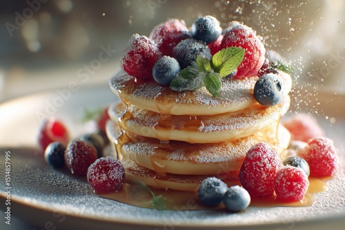 Golden Stacked Banana Pancakes with Blueberries, Raspberries & Maple Syrup on White Plate – 4K Photorealistic Breakfast Styling for Menus, Food Blogs, and Healthy Eating Campaigns