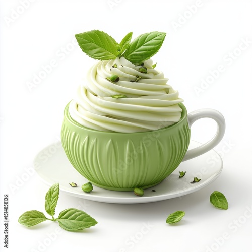 Fresh creamy herbal matcha tea in a decorative green teacup garnished with mint leaves on white background for healthy beverage concept