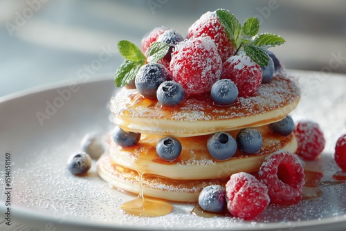Golden Stacked Banana Pancakes with Blueberries, Raspberries & Maple Syrup on White Plate – 4K Photorealistic Breakfast Styling for Menus, Food Blogs, and Healthy Eating Campaigns