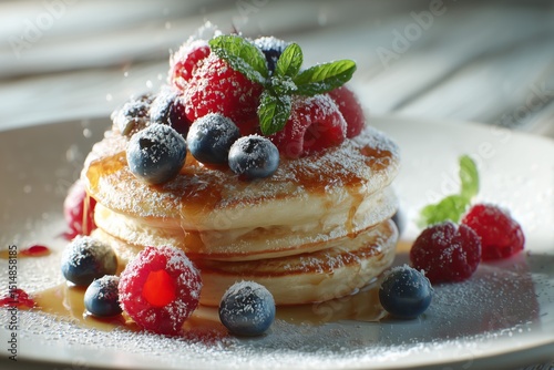 Golden Stacked Banana Pancakes with Blueberries, Raspberries & Maple Syrup on White Plate – 4K Photorealistic Breakfast Styling for Menus, Food Blogs, and Healthy Eating Campaigns