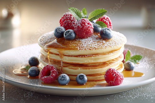 Golden Stacked Banana Pancakes with Blueberries, Raspberries & Maple Syrup on White Plate – 4K Photorealistic Breakfast Styling for Menus, Food Blogs, and Healthy Eating Campaigns