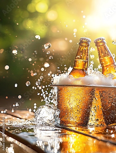 Chilled Craft Beer Bottles in Ice Bucket on Wooden Table Outdoors photo