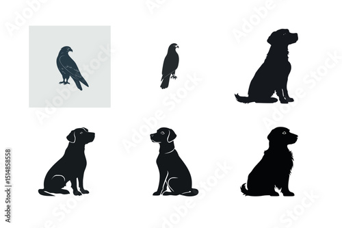 Silhouette set of dogs and birds of prey