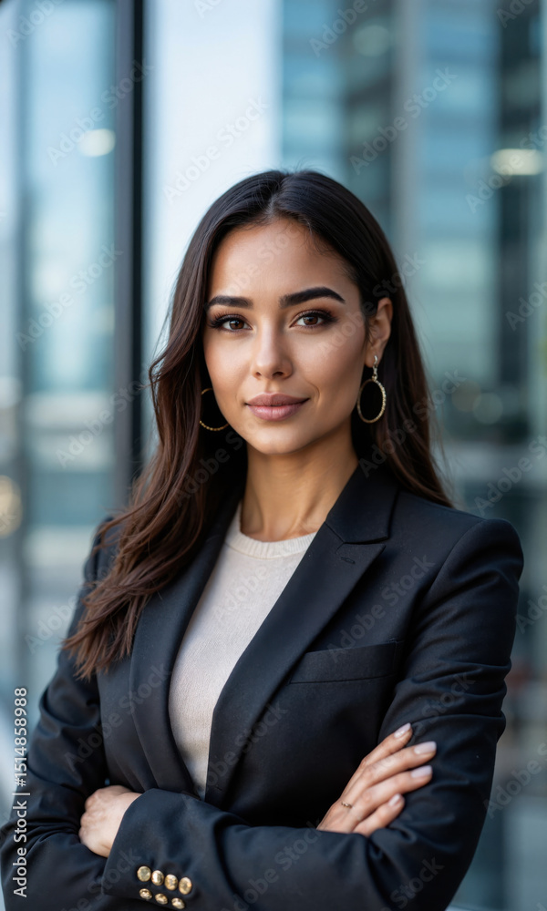 A Latina entrepreneur standing tall in front of a high-rise office, her expression full of determination and focus, embodying leadership A Latina entrepreneur standing tall in front of a high-rise office, her expression full of determination and focus, embodying leadership