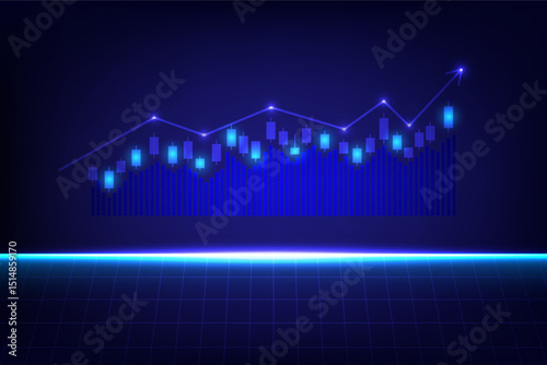 Financial chart with candlesticks and uptrend line with rectangle grid, abstract technology infographic and analytics