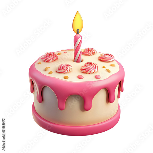 Sweet Celebration 3D Birthday Cake with Burning Candle on Black.