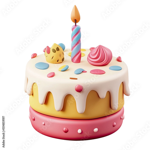 Sweet Celebration 3D Birthday Cake with Candle on Black Background.