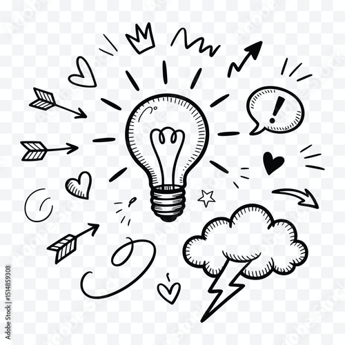 Illumination of Innovation: A hand-drawn illustration of a lightbulb radiating light, symbolizing new ideas, inspiration, and creative thinking, adorned with elements of brainstorming.