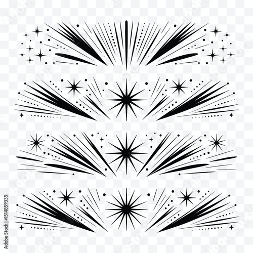 Celestial Celebration: A collection of intricate starburst patterns burst with radiant energy, offering dynamic graphic resources perfect for adding a touch of celestial wonder to your designs.