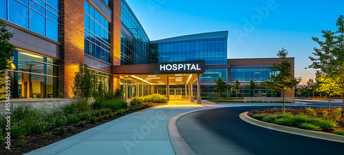 Modern hospital building entrance with illuminated sign at twilight