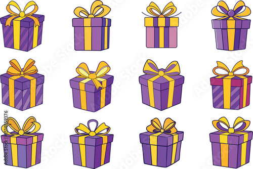 Purple gift boxes with yellow ribbons clipart collection