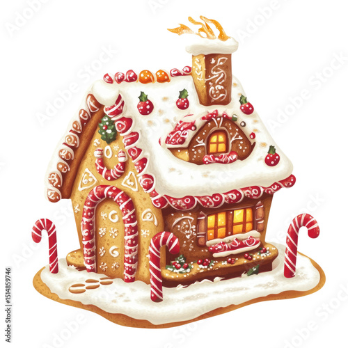 Sweet Gingerbread House Festive Holiday Treat with Handcrafted with Icing and Candies.