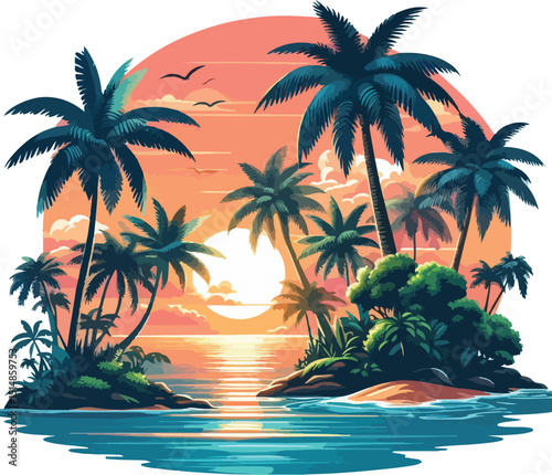 Tropical island with palm trees and sunset. Vector illustration