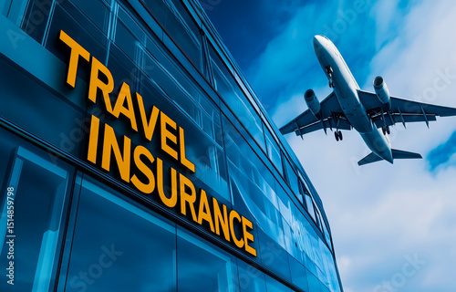 Airplane flying above building with travel insurance signage visible
