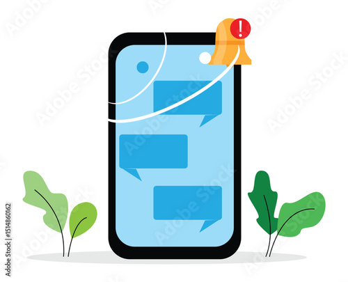 Smartphone with New Unread Messages Alert Bell. Notifications, email messaging, signs and symbols vector art