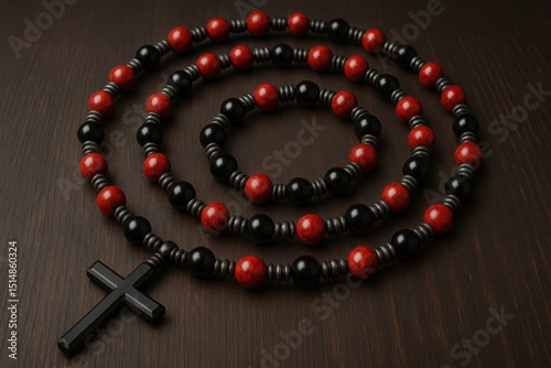 A beautifully arranged rosary with red and black beads resting on a wooden surface with a cross. photo