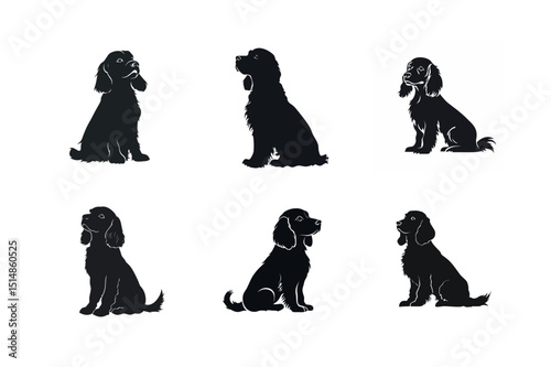Six silhouettes of cocker spaniels sitting