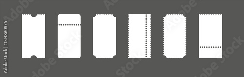 Empty paper coupons and tickets. Admission passes for theater, travel, or sales promotions. Isolated white ticket mockup designs.