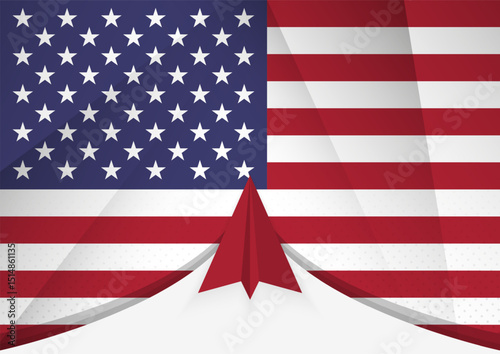 USA Flag with Abstract Paper Airplane Design, National Flag in a geometric folded paper style.