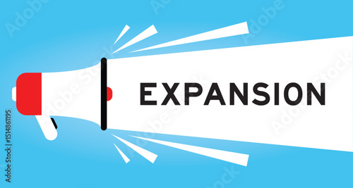 Color megaphone icon with word expansion in white banner on blue background