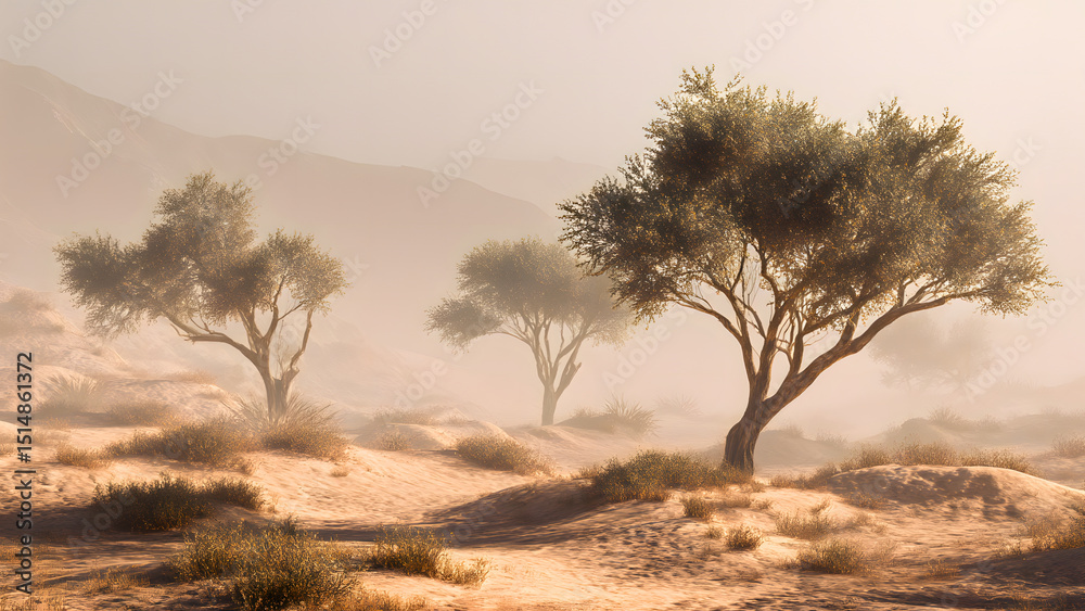Obraz premium Scenic desert landscape with trees and sand dunes under a hazy sky at daytime