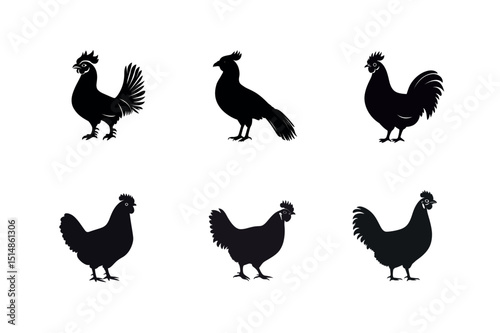 Six silhouettes of chickens and roosters