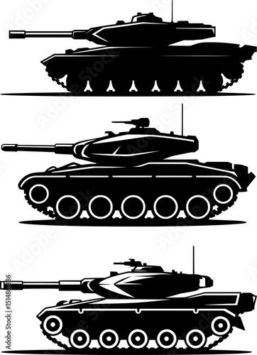 Bold black tank silhouette in side view with turret and treads for military mascot designs