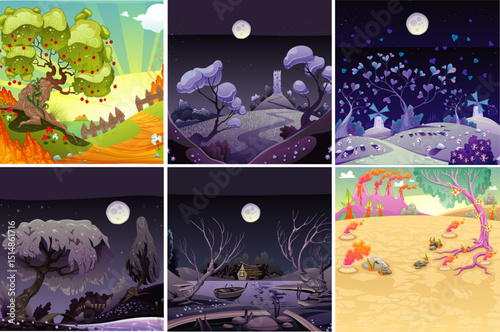 Six Fantasy Cartoon Landscapes: Diverse Whimsical Scenes with Trees, Full Moon, and Nature Elements