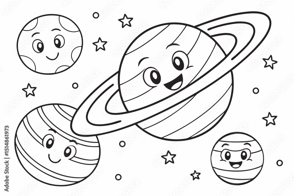 Fototapeta kids coloring page, planets, cartoonish, friendly, thick outlines, no color