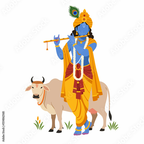Lord Krishna Playing Flute With Cow