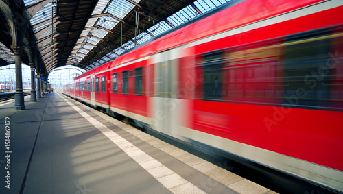 A red train rushes past a platform at a busy railway station, showcasing the hustle of daily travel during the day, with sunlight filtering in. Motion blur. Generative AI.