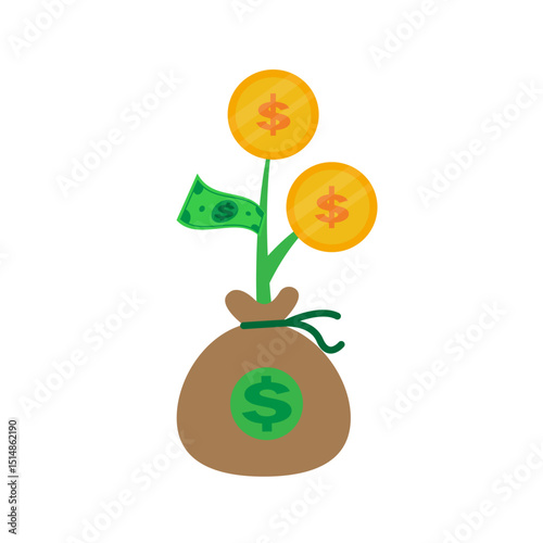 vector of newly grown money plant with a sack of money in a pot
