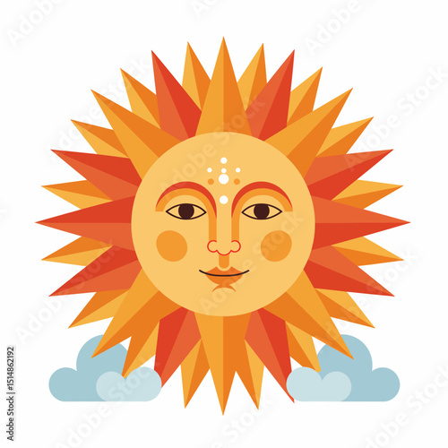 Boho Sun Face Icon With Clouds