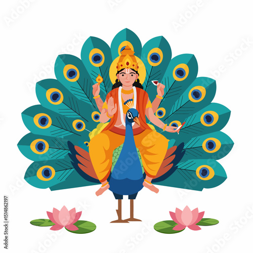 Lord Kartikeya Hindu God With Peacock And Lotus Flowers