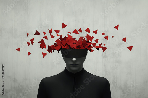 A woman with her head covered in red triangles, wearing black, and blindfolded / overthinking concept