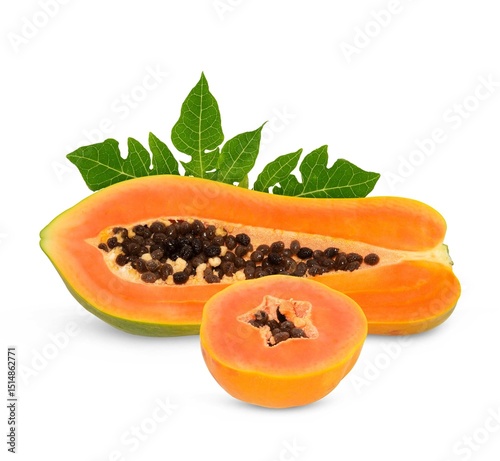ripe papaya fruit with seeds isolated on white background. full depth of field