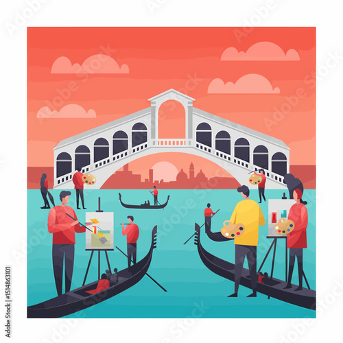 Venice Painters Rialto Bridge Gondolas Tourism Art Creative