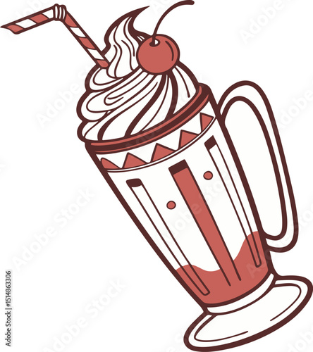 Retro Milkshake with Whipped Cream and Cherry – Vintage Diner Style Illustration
