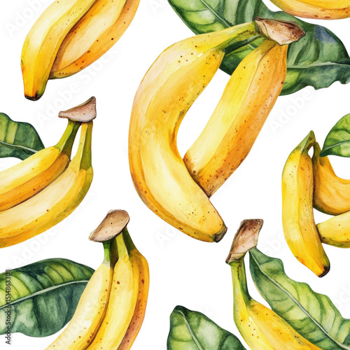 Tropical Delight Banana watercolor art seamless pattern on black background.