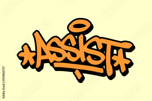 Assist graffiti tag in bold orange with black outline on bright yellow background. Urban street style fused with basketball teamwork energy.perfect for sports art, hip hop visuals, and culture-inspire