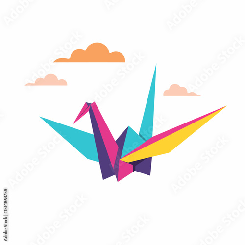 Origami Crane Soaring Colorful Paper Bird Illustration