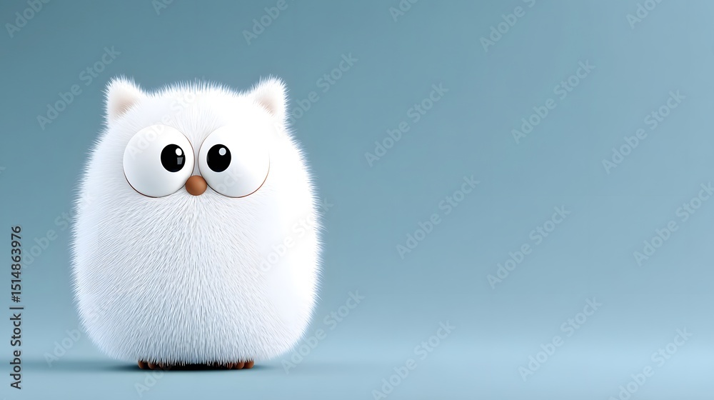 Obraz premium Fluffy white cartoon cat toy with large eyes, adorable 3D rendering