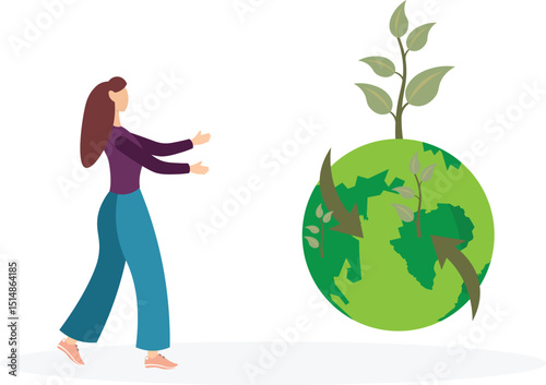 Sustainability in renewable resources as eco tree forestation .Recycling and reusing organic clean wood materials.flat characters.