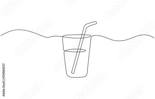 Glass of water with ice, old drink with a straw for drinking, Drink Glass with ice cubes. Cocktail with straw line art style icon. Continuous line drawing vector illustration.