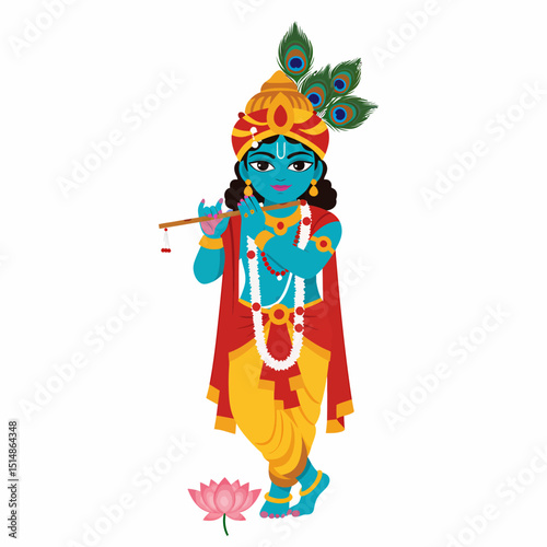 Krishna Playing Flute With Lotus Flower